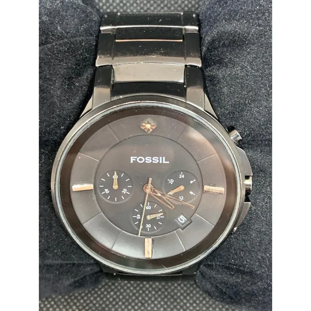 Fossil FS4344 Unisex Watch Diamond Analog Stainless Steel Black Bracelet O675